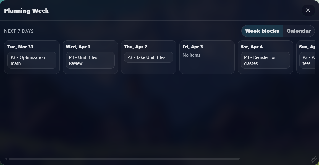 Week blocks planning view